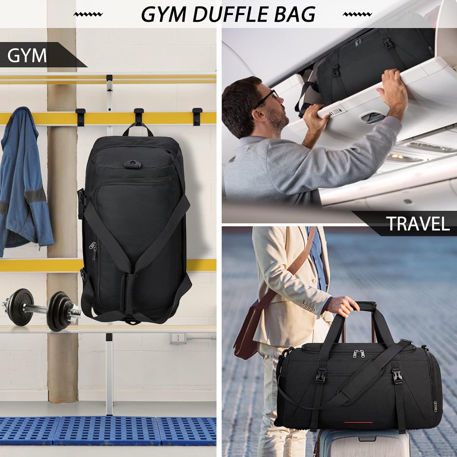 Gym Bag for Men Women 40L Water Resistant Sports Bag Gym Duffle Bag with Wet Pocket Large Travel Duffel Bag Weekender Overnight Bag with Shoe Compartment Black - Image 6